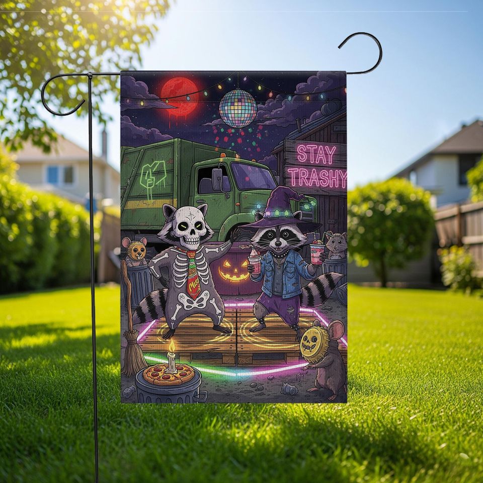 Stay Trashy Halloween Garden Flag: Raccoon Skeleton Witch Party Decor