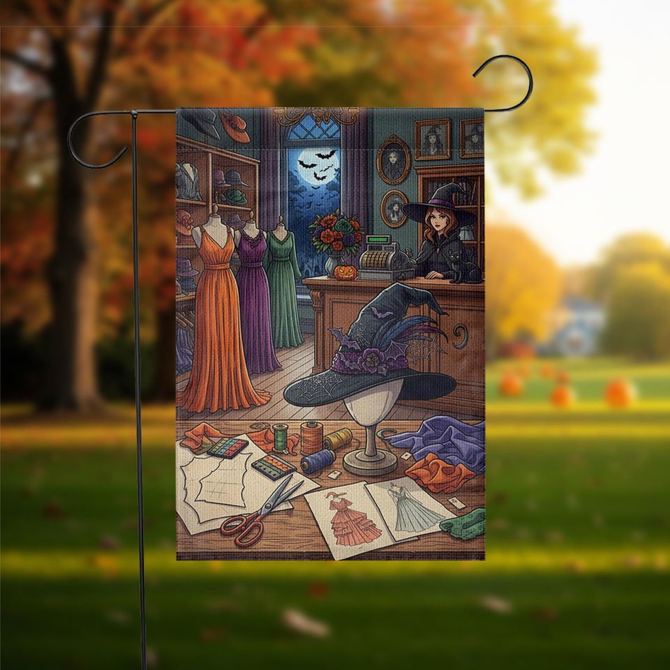 Witch Sewing Room Garden Flag: Halloween Dressmaker Decor