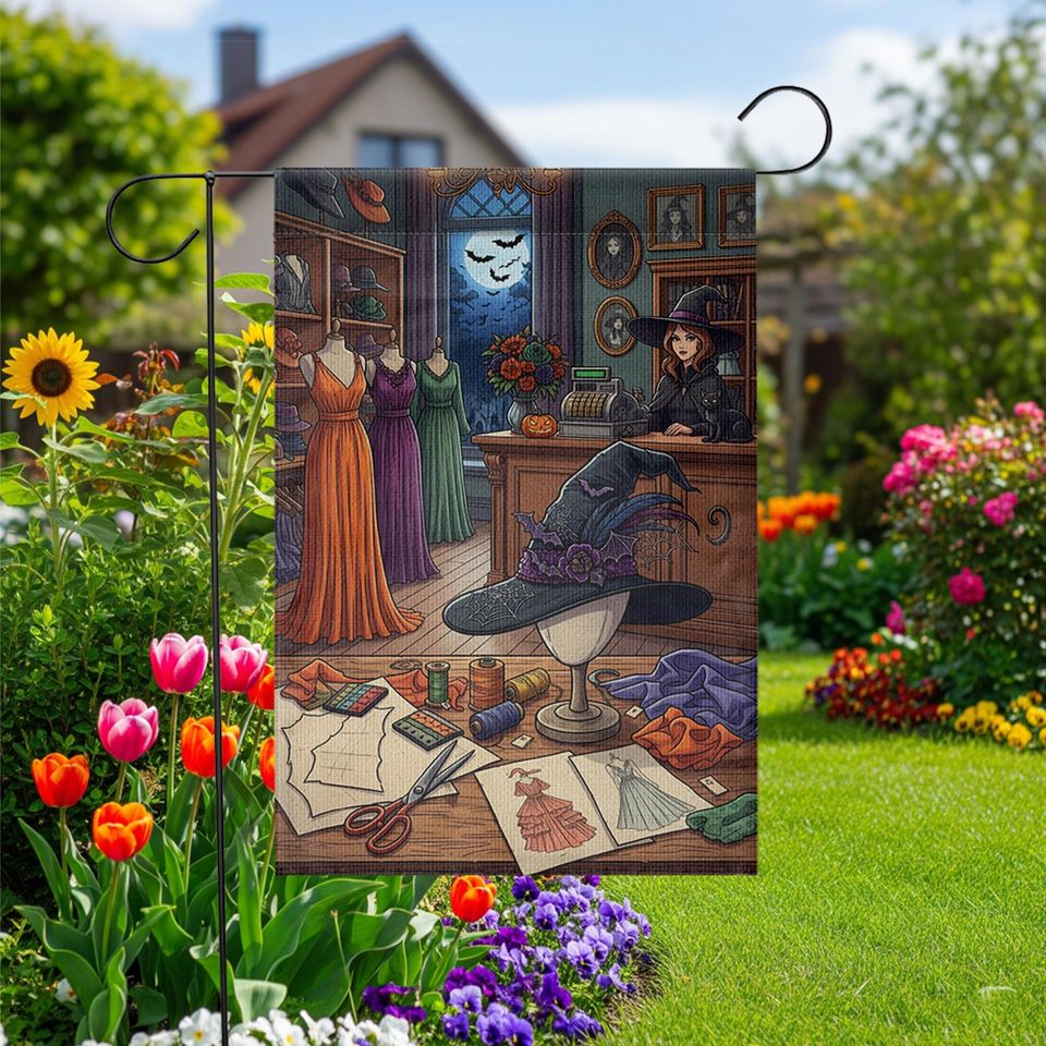 Witch Sewing Room Garden Flag: Halloween Dressmaker Decor