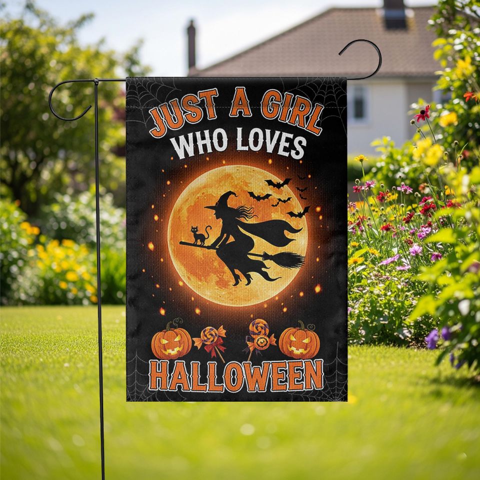 Halloween Garden Flag: Witch on Broom, Spooky Fall Decor