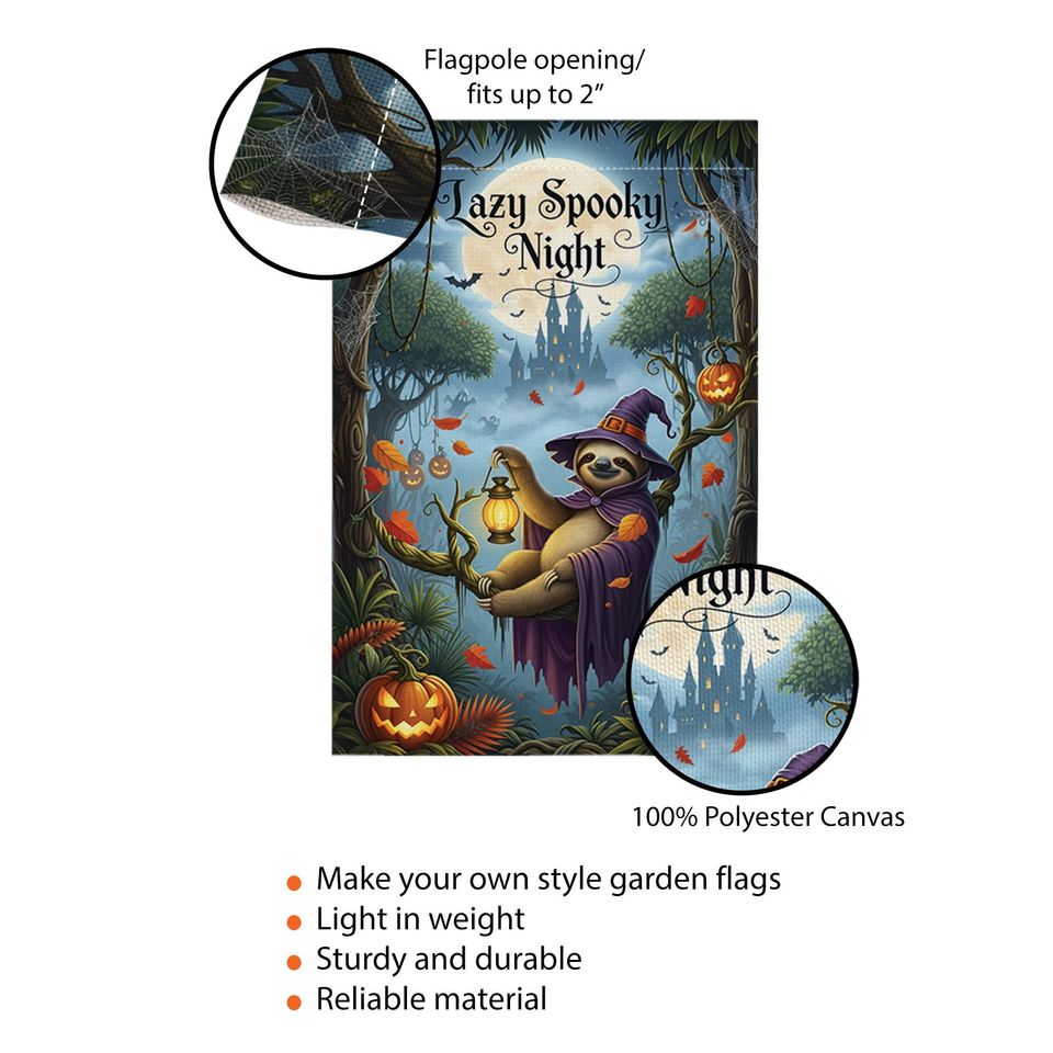 Spooky Sloth Halloween Garden Flag: Funny Witch, Pumpkin Lantern