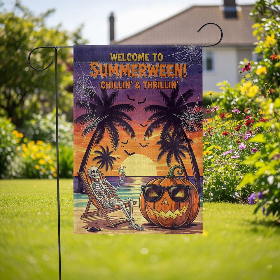 Summerween Garden Flag: Spooky Skeleton Pumpkin Decor