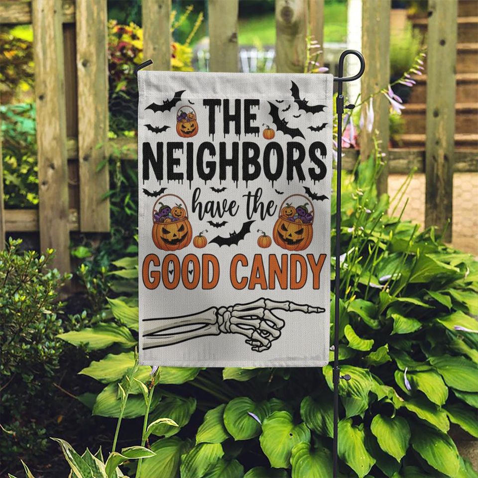 Funny Halloween Garden Flag: "Good Candy" Skeleton Hand Decor
