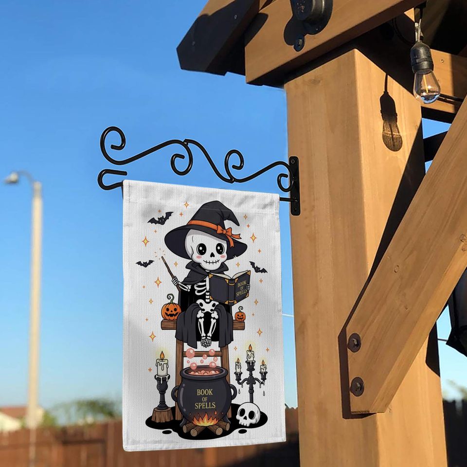 Skeleton Witch Halloween Garden Flag: Spooky Cauldron Decor