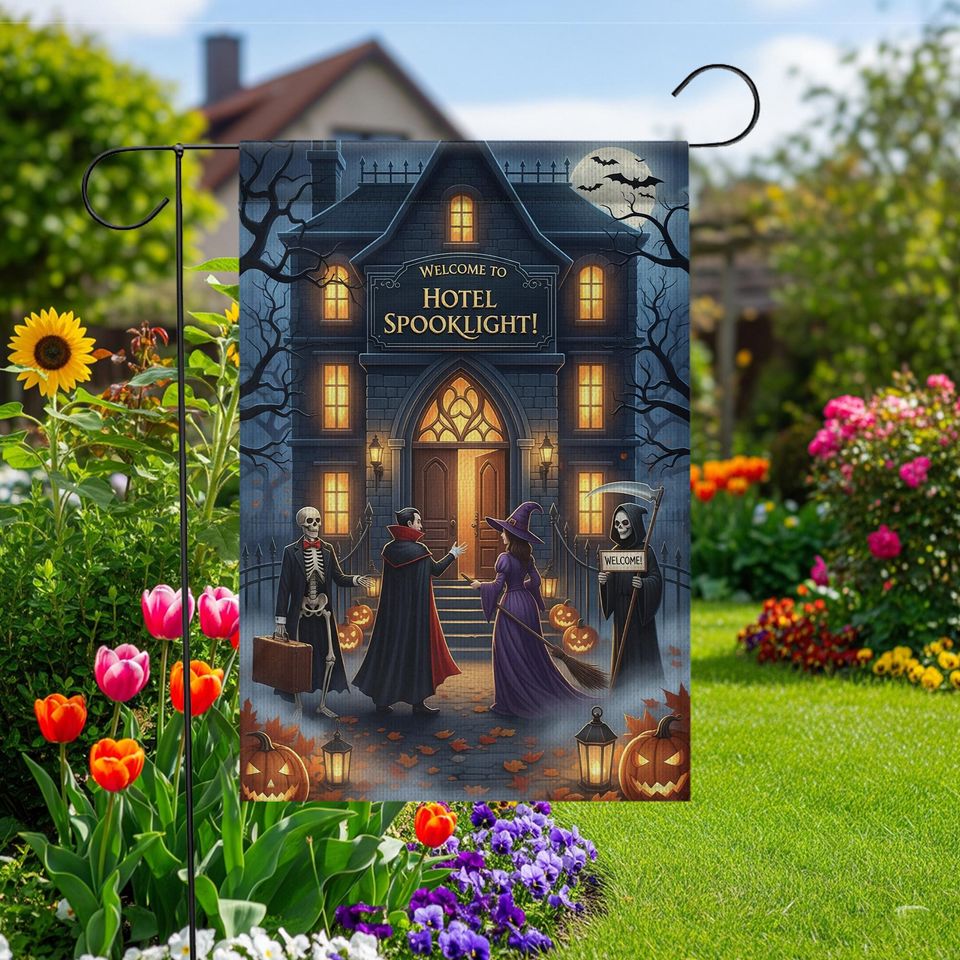 Halloween Haunted Hotel Garden Flag: Spooklight Decor, Dracula, Witch