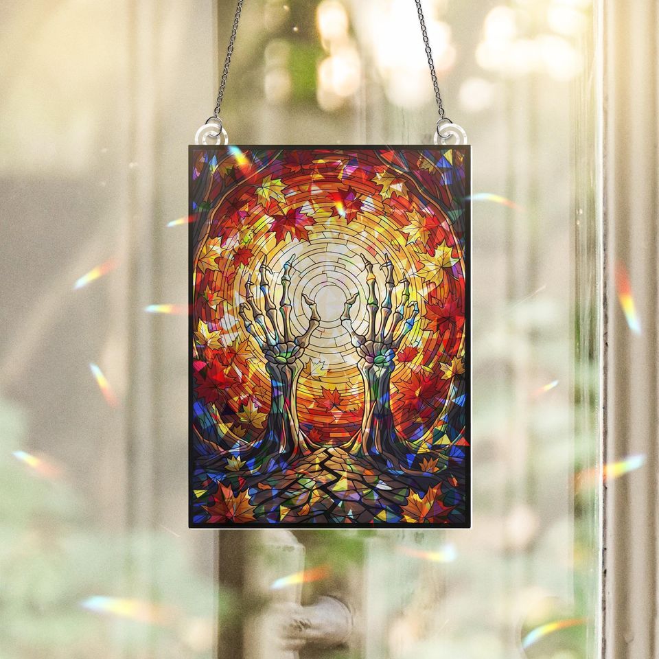 Skeleton Hands Suncatcher: Holographic Autumn Leaves Gothic Window Decor