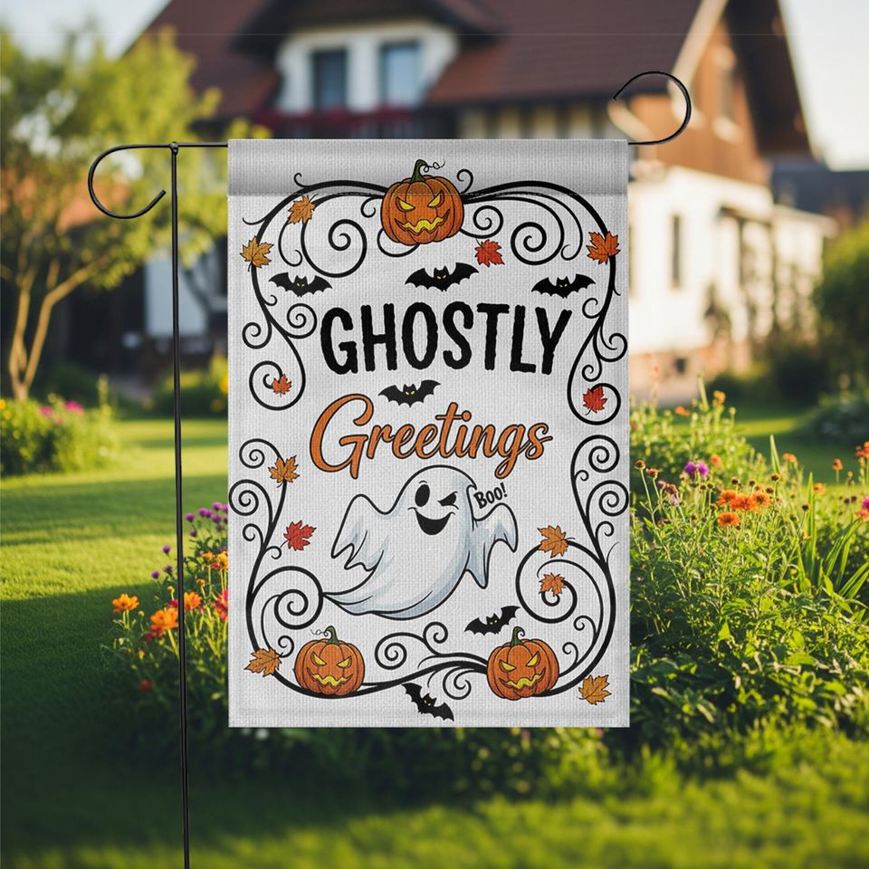 Ghostly Greetings Halloween Garden Flag  Cute Ghost Yard Decor with Pumpkins, Bats & Fall Leaves for Spooky Outdoor Decoration