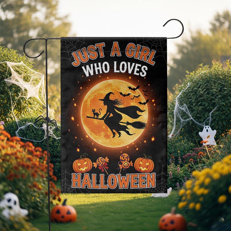 Halloween Garden Flag: Witch on Broom, Spooky Fall Decor