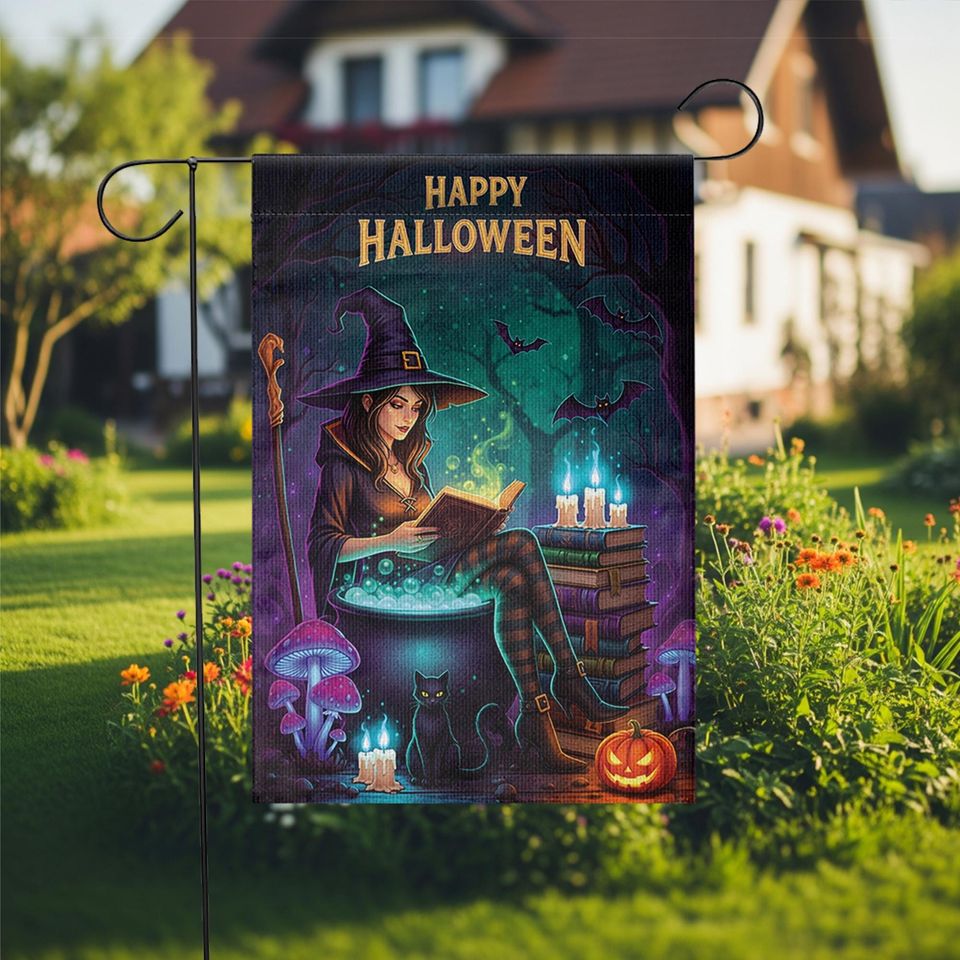 Halloween Witch Garden Flag  Spooky Reading Witch Yard Decor with Cat and Cauldron