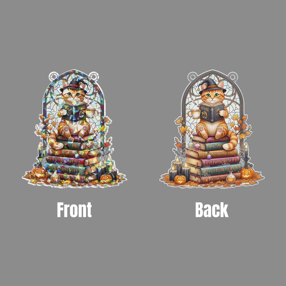Stained Glass Witch Cat Suncatcher: Halloween Book Stack Window Decor