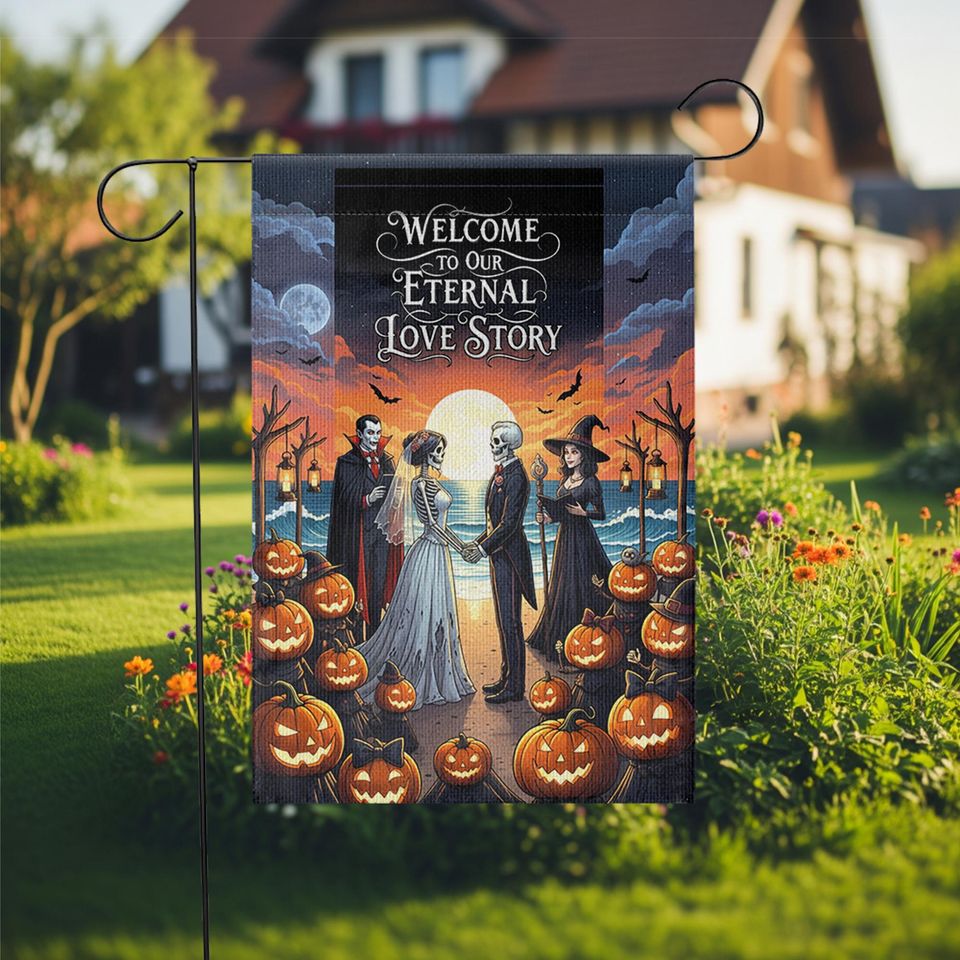 Gothic Halloween Wedding Garden Flag: Skeleton Bride & Groom, Spooky Fall Decor