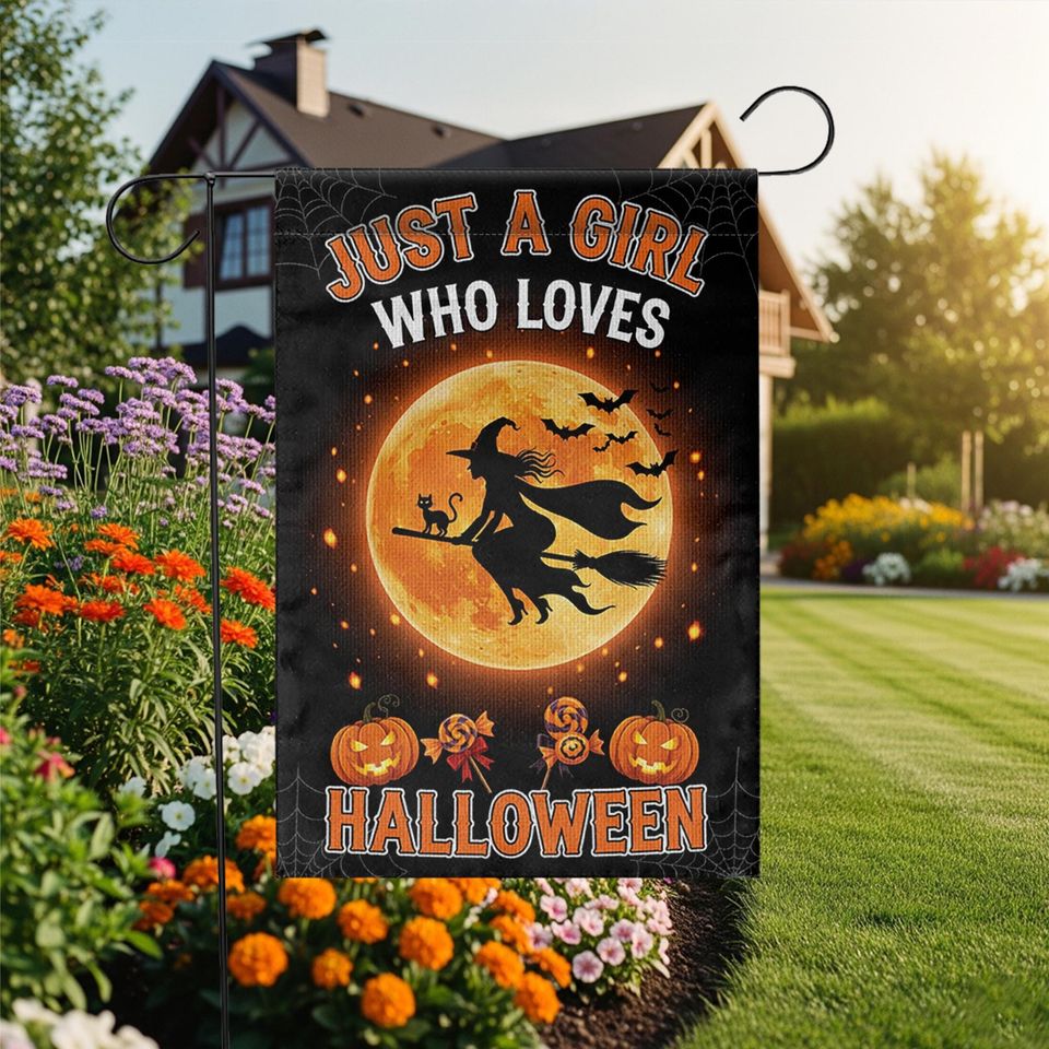 Halloween Garden Flag: Witch on Broom, Spooky Fall Decor