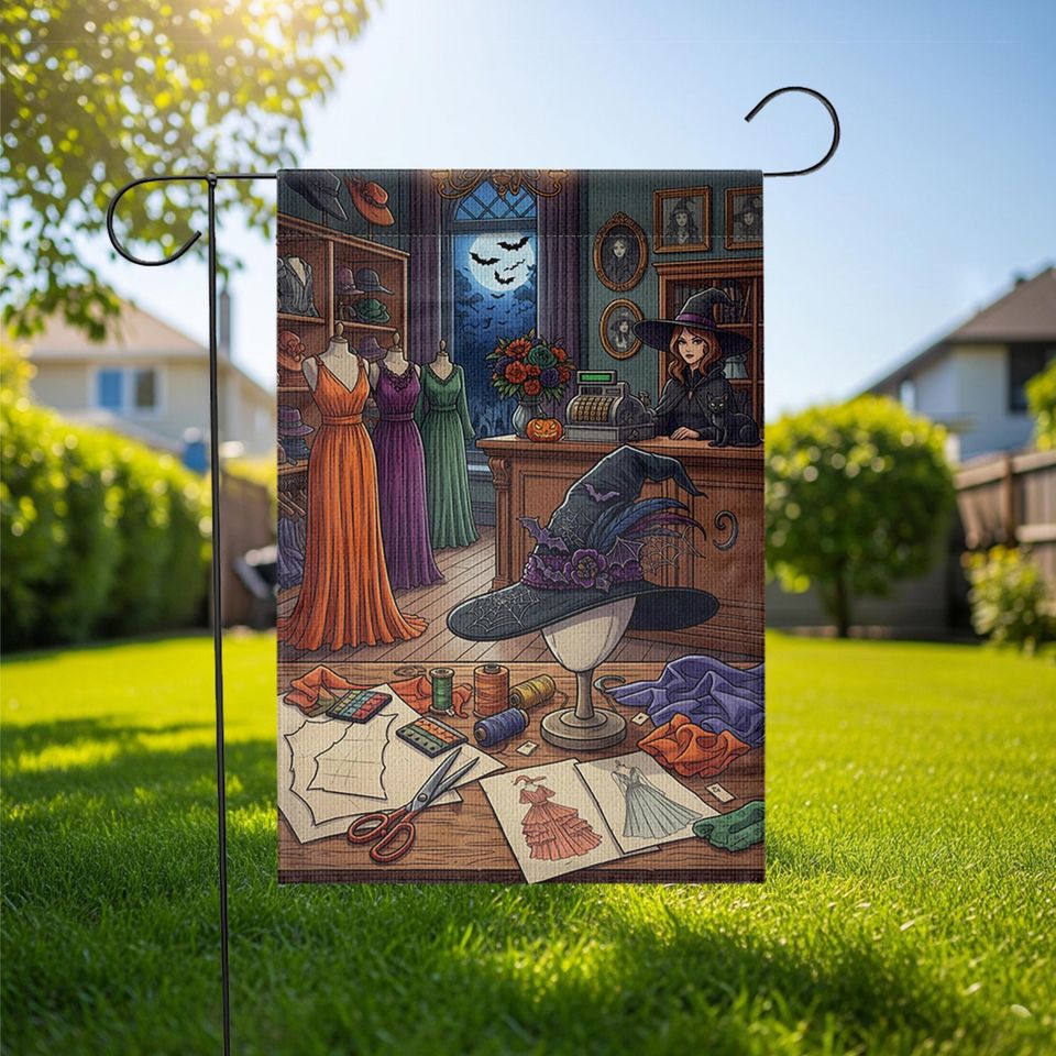 Witch Sewing Room Garden Flag: Halloween Dressmaker Decor
