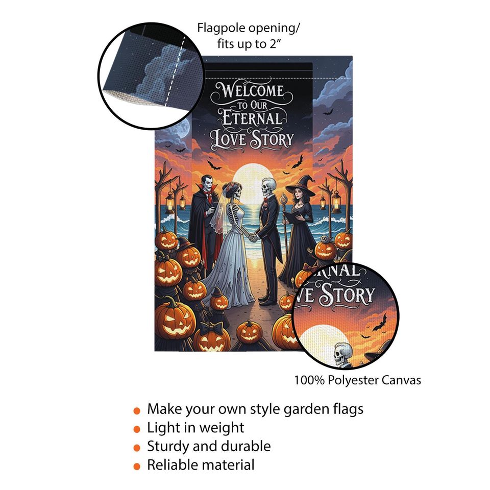 Gothic Halloween Wedding Garden Flag: Skeleton Bride & Groom, Spooky Fall Decor