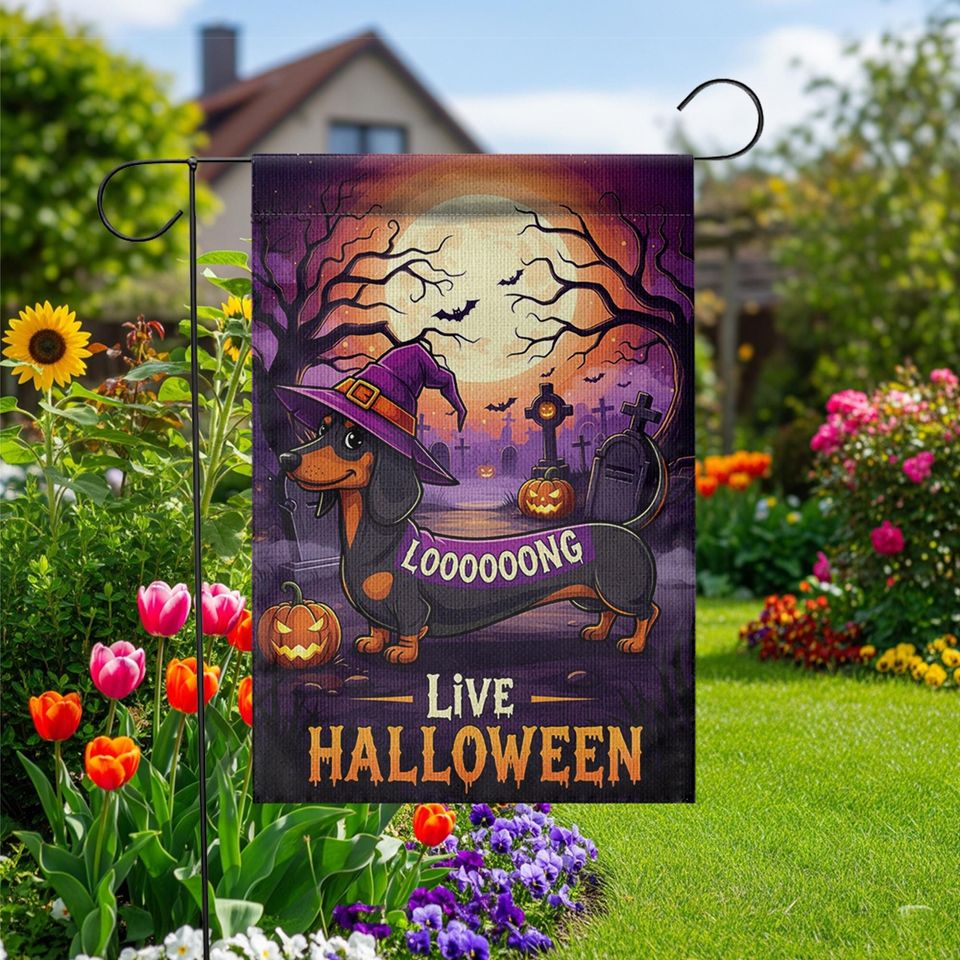 Halloween Dachshund Garden Flag: Long Dog Witch Yard Decor