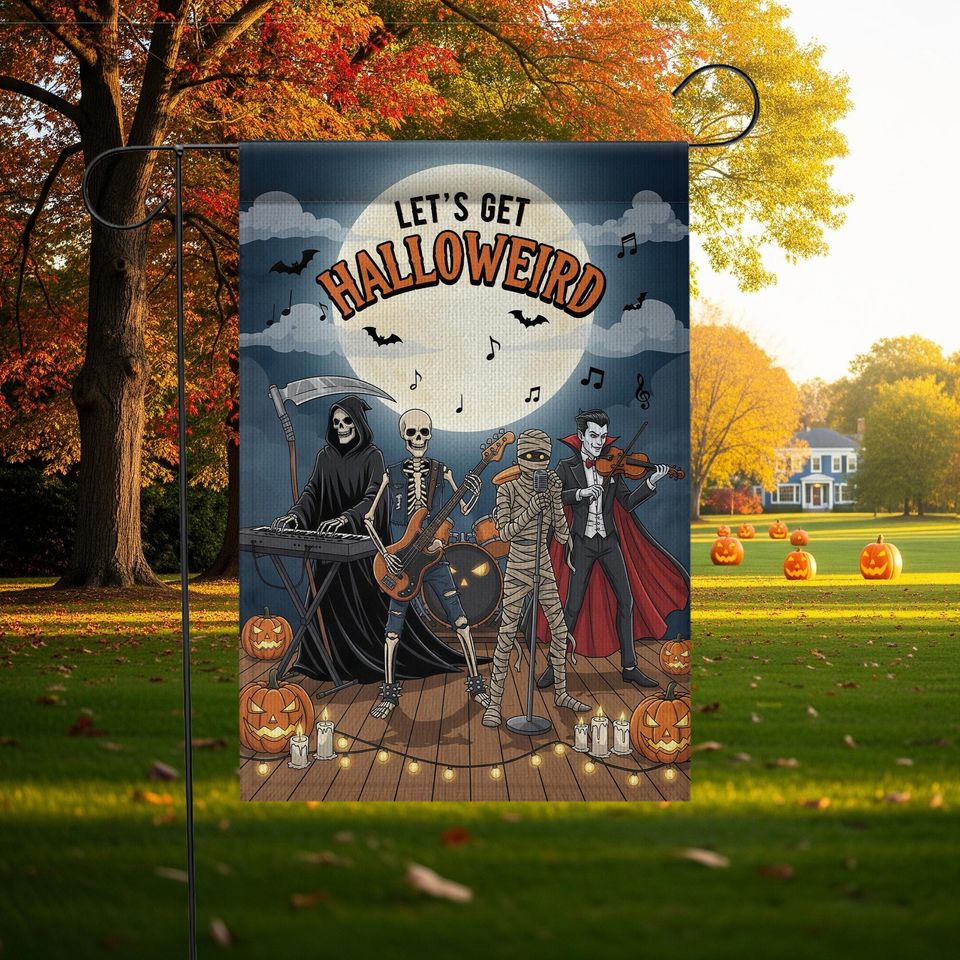 Funny Halloween Garden Flag: Skeleton Band, Grim Reaper & Vampire - Spooky Yard Decor