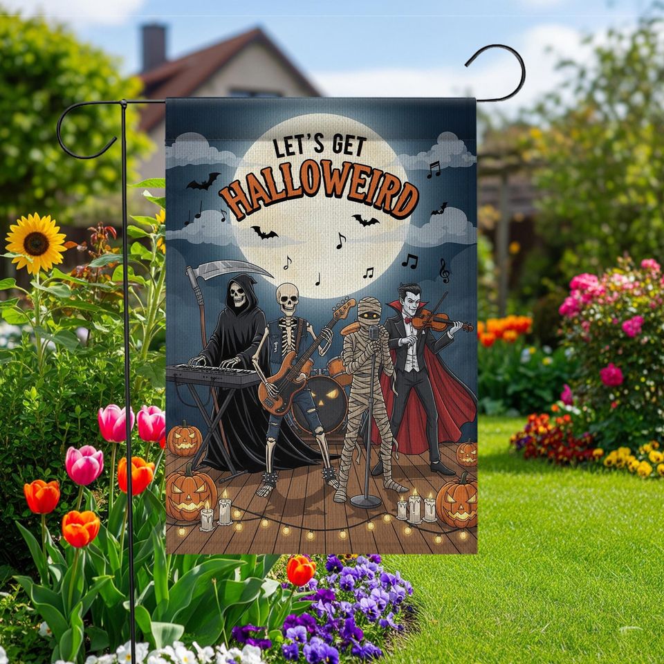 Funny Halloween Garden Flag: Skeleton Band, Grim Reaper & Vampire - Spooky Yard Decor