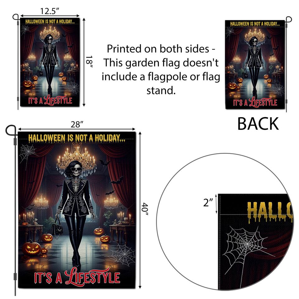 Gothic Halloween Garden Flag: Skeleton, Pumpkins & Bats - Weather Resistant
