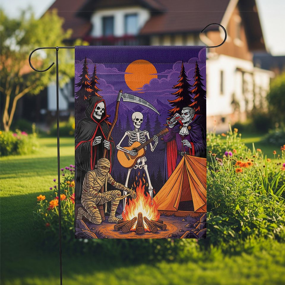 Halloween Campfire Garden Flag  Grim Reaper Skeleton Vampire Mummy Funny Spooky Decor