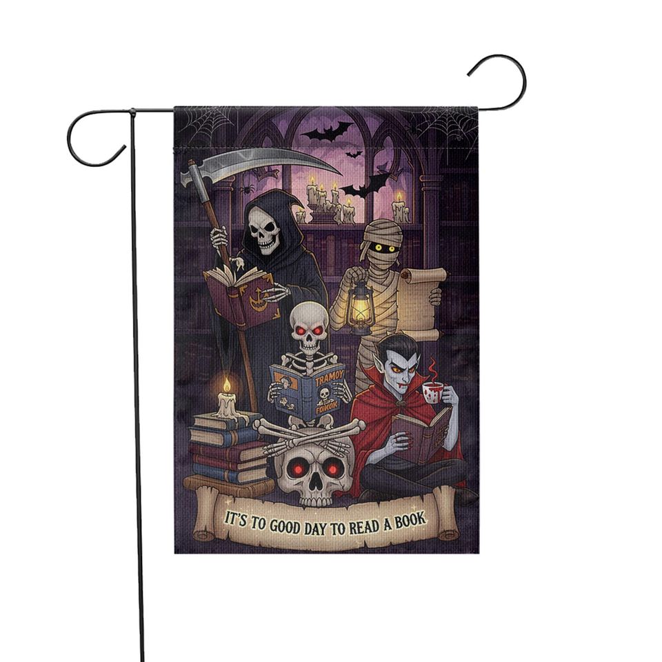 Halloween Reading Garden Flag  Grim Reaper Vampire Mummy Skeleton Book Lover Decor