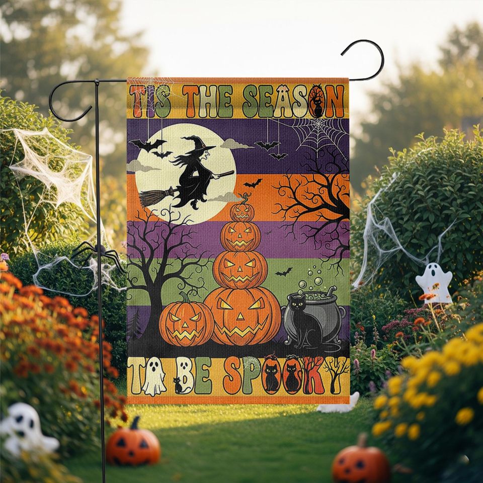 Halloween Garden Flag: Witch, Pumpkin & Black Cat - Outdoor Decor