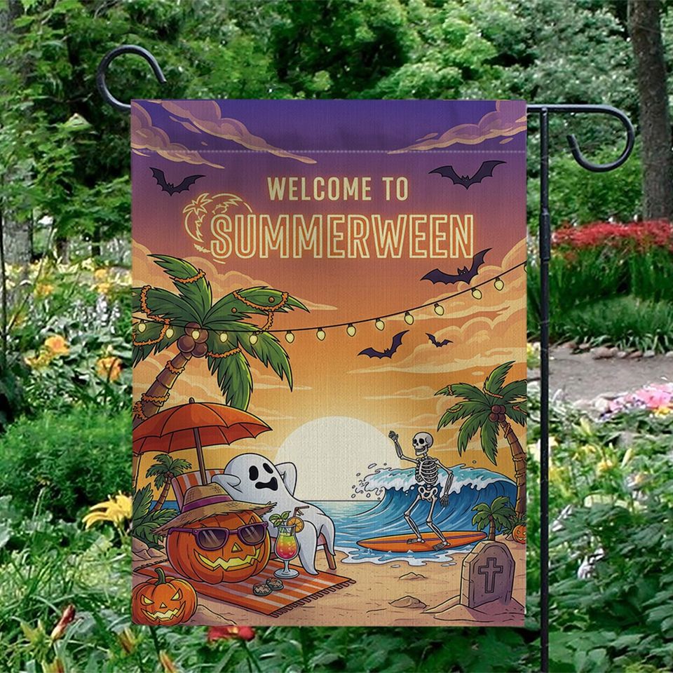 Summerween Garden Flag  Funny Halloween Beach Decor with Skeleton & Ghost