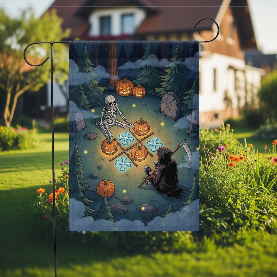 Halloween Garden Flag: Grim Reaper & Skeleton - Spooky Yard Decor