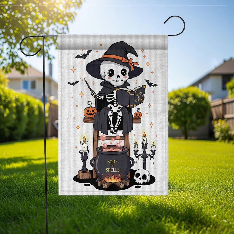 Skeleton Witch Halloween Garden Flag: Spooky Cauldron Decor
