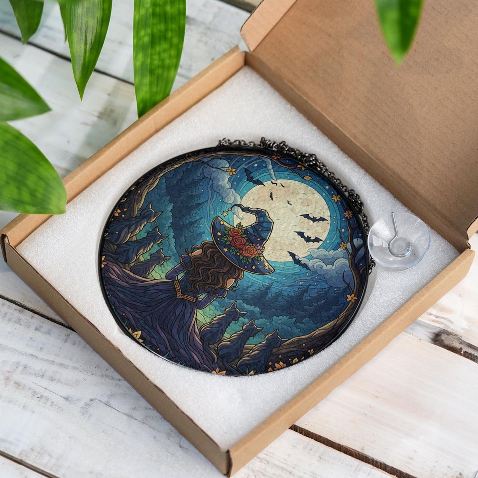 Witch Cat Moon Suncatcher  Halloween Window Hanging Gothic Witchy Decor