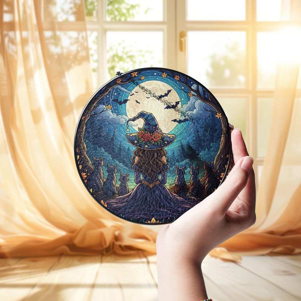 Witch Cat Moon Suncatcher  Halloween Window Hanging Gothic Witchy Decor