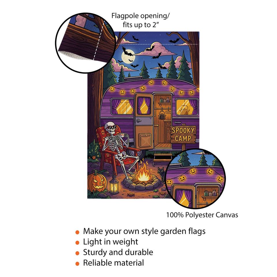 Spooky Camp Halloween Garden Flag  Skeleton Camper Firepit Yard Decor  Fall Camping Outdoor Sign