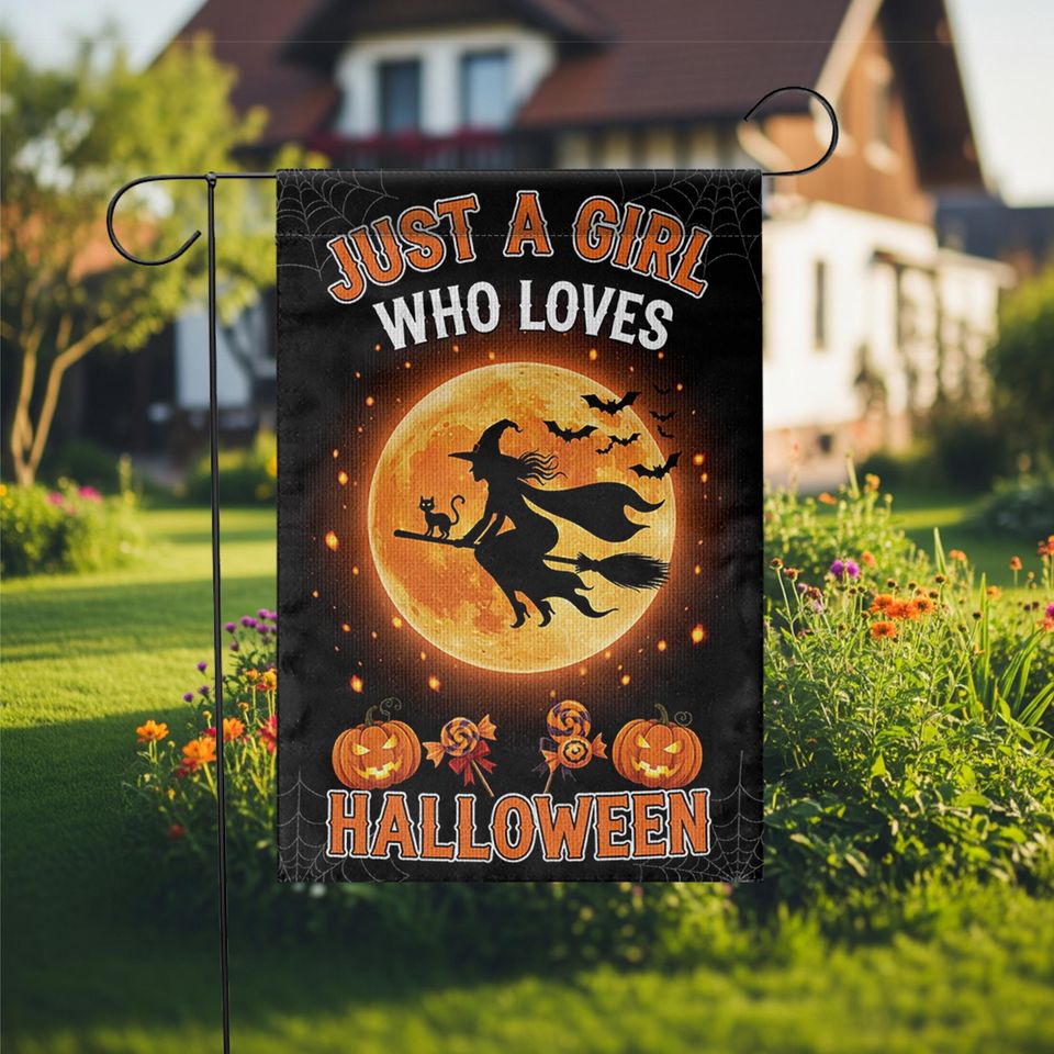 Halloween Garden Flag: Witch on Broom, Spooky Fall Decor