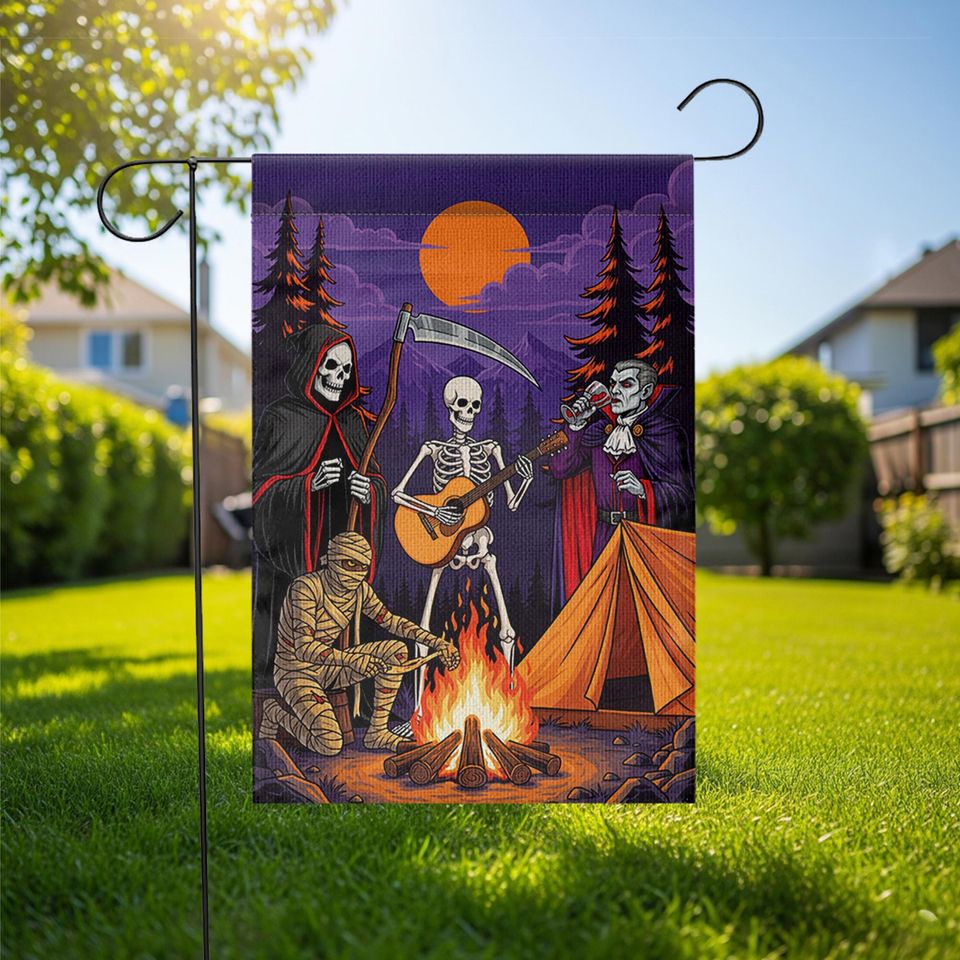 Halloween Campfire Garden Flag  Grim Reaper Skeleton Vampire Mummy Funny Spooky Decor