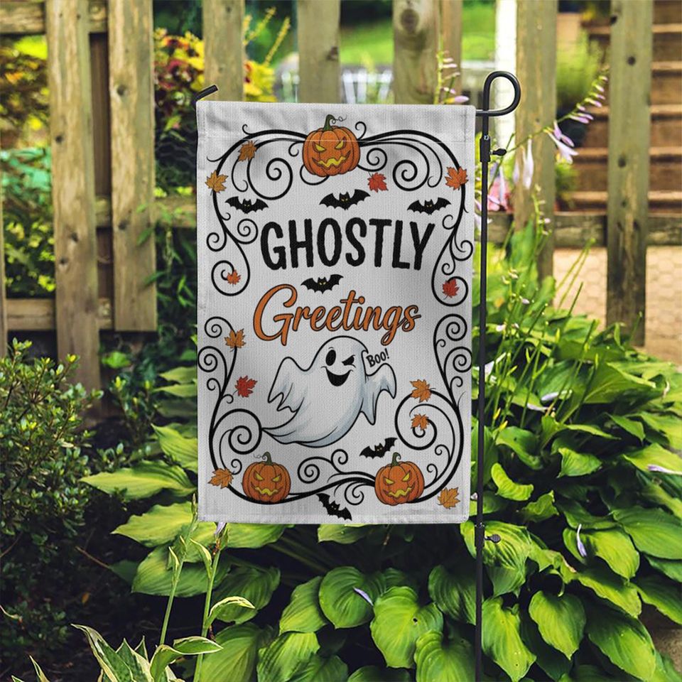 Ghostly Greetings Halloween Garden Flag  Cute Ghost Yard Decor with Pumpkins, Bats & Fall Leaves for Spooky Outdoor Decoration