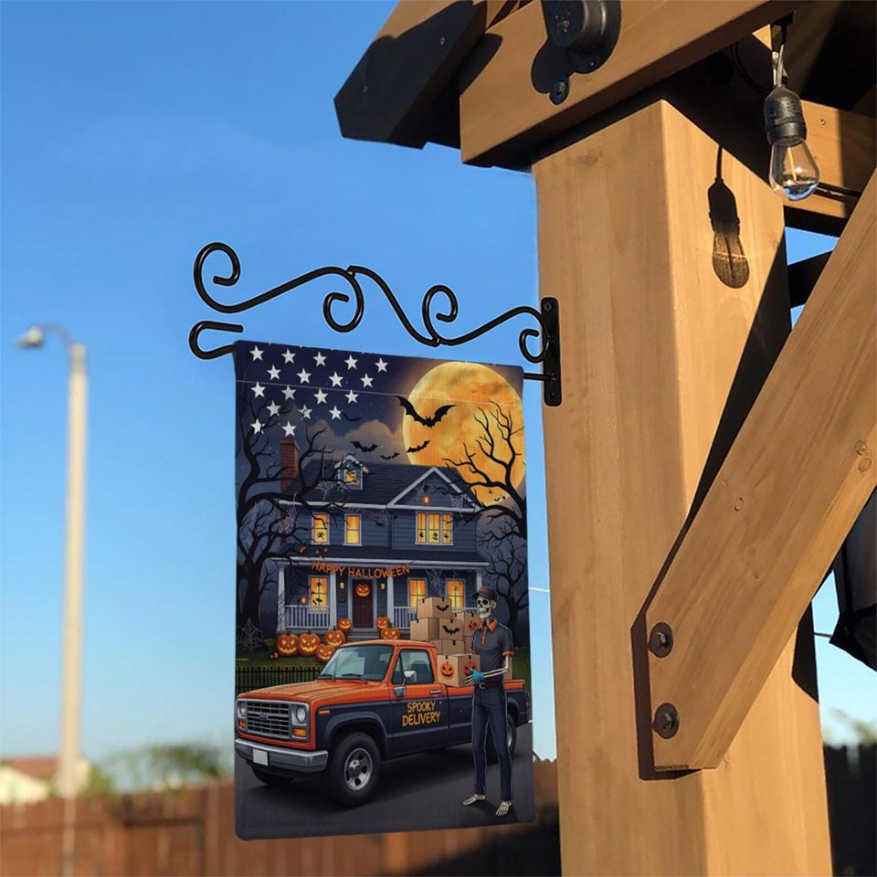 Skeleton Delivery Driver Halloween Garden Flag: Spooky Fall Decor