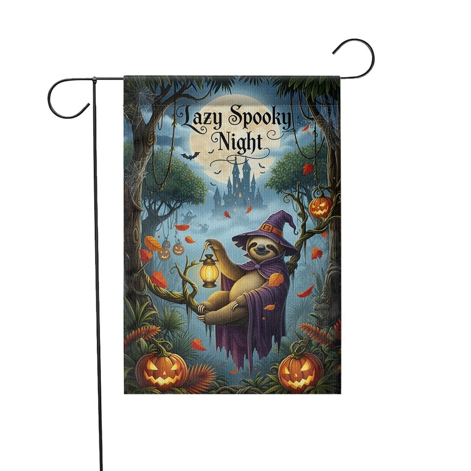 Spooky Sloth Halloween Garden Flag: Funny Witch, Pumpkin Lantern