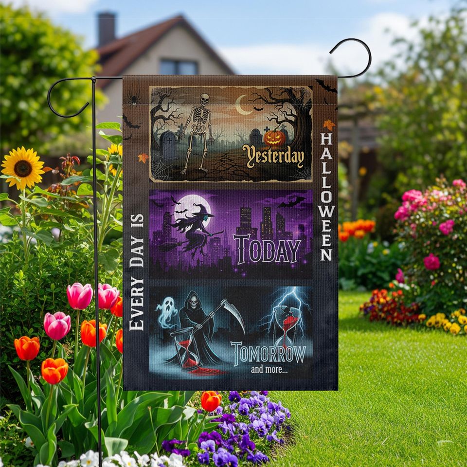 Halloween Garden Flag: Spooky Skeleton, Witch, Grim Reaper Decor