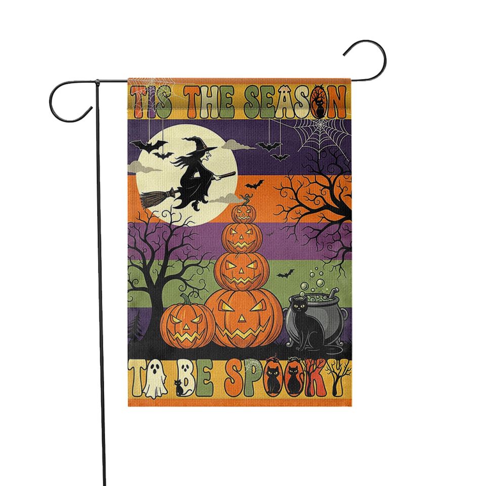 Halloween Garden Flag: Witch, Pumpkin & Black Cat - Outdoor Decor