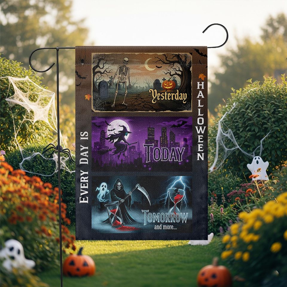 Halloween Garden Flag: Spooky Skeleton, Witch, Grim Reaper Decor