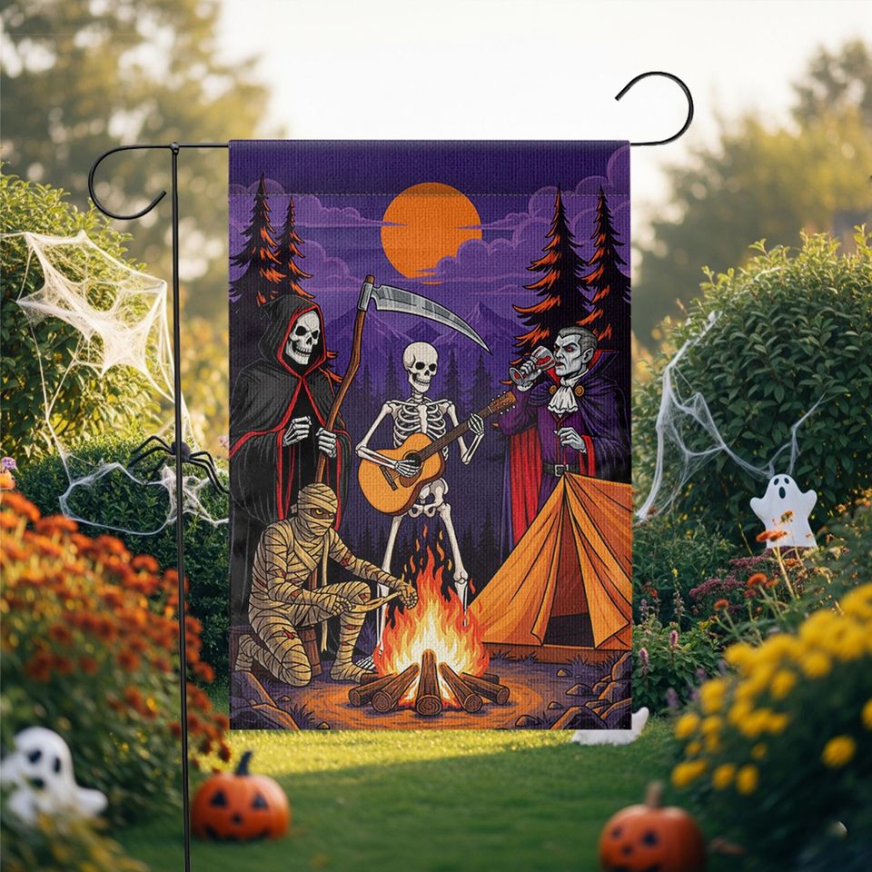Halloween Campfire Garden Flag  Grim Reaper Skeleton Vampire Mummy Funny Spooky Decor