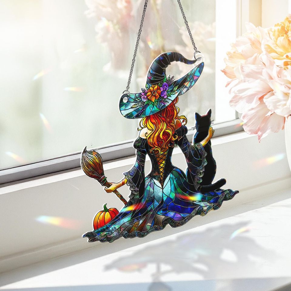 Witch and Cat Suncatcher: Holographic Halloween Window Hanging