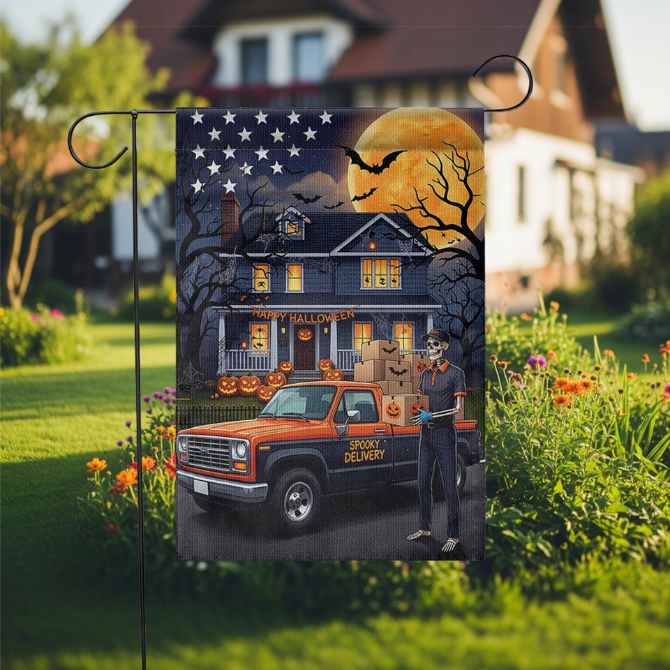 Skeleton Delivery Driver Halloween Garden Flag: Spooky Fall Decor