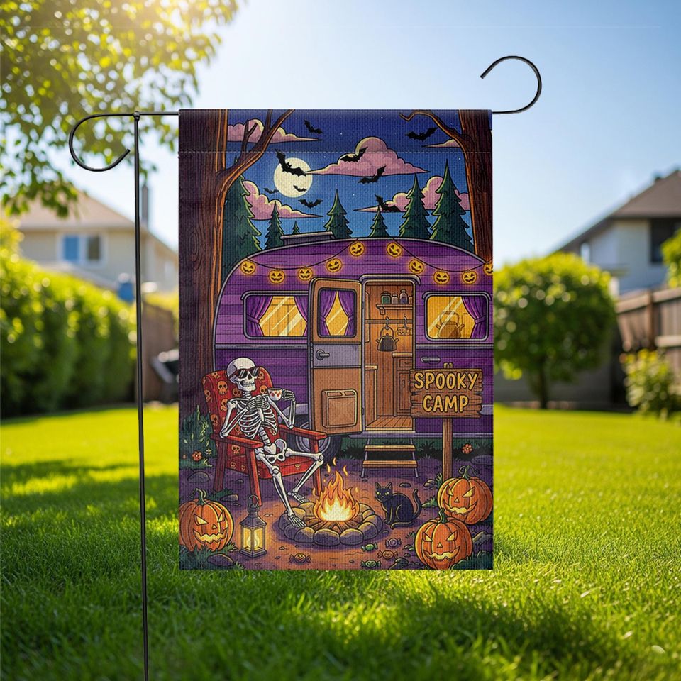 Spooky Camp Halloween Garden Flag  Skeleton Camper Firepit Yard Decor  Fall Camping Outdoor Sign