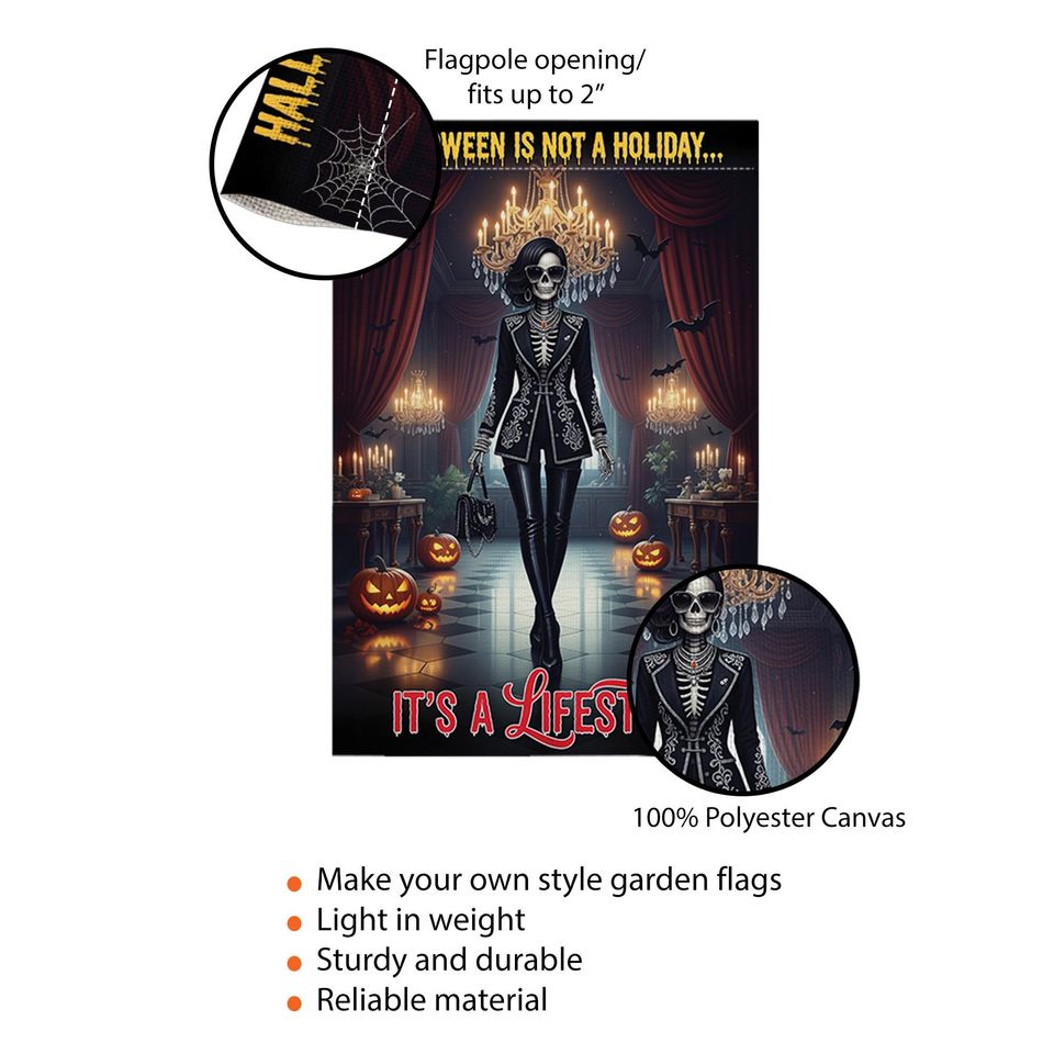 Gothic Halloween Garden Flag: Skeleton, Pumpkins & Bats - Weather Resistant