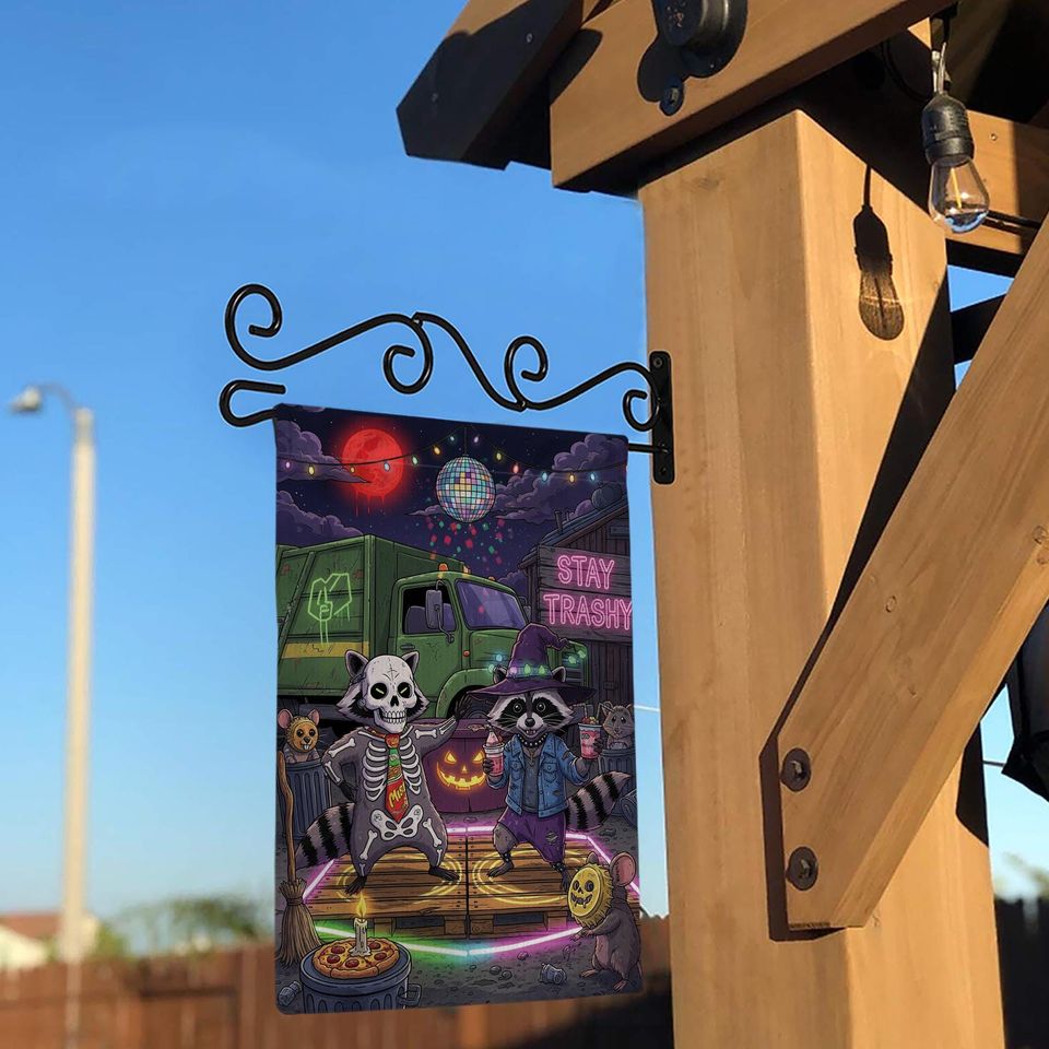 Stay Trashy Halloween Garden Flag: Raccoon Skeleton Witch Party Decor