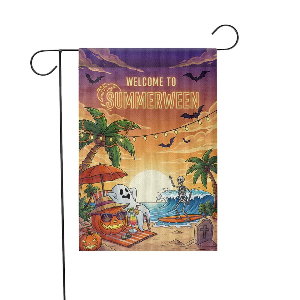 Summerween Garden Flag  Funny Halloween Beach Decor with Skeleton & Ghost