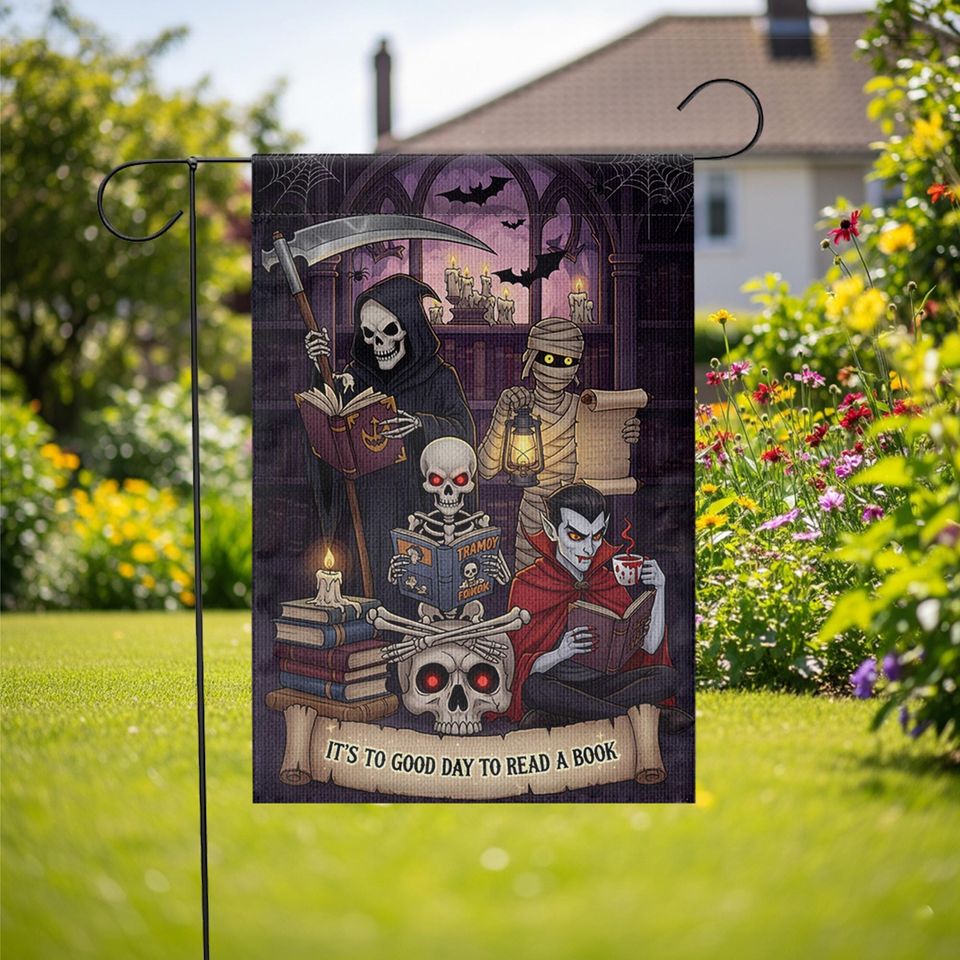 Halloween Reading Garden Flag  Grim Reaper Vampire Mummy Skeleton Book Lover Decor