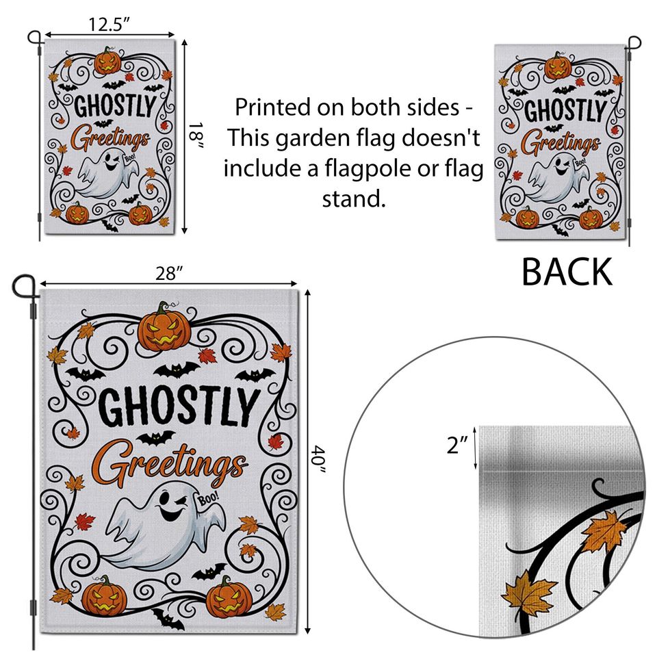Ghostly Greetings Halloween Garden Flag  Cute Ghost Yard Decor with Pumpkins, Bats & Fall Leaves for Spooky Outdoor Decoration