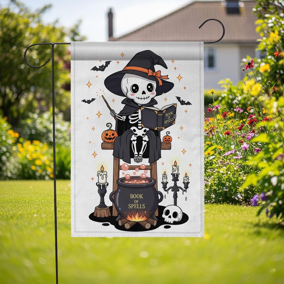 Skeleton Witch Halloween Garden Flag: Spooky Cauldron Decor