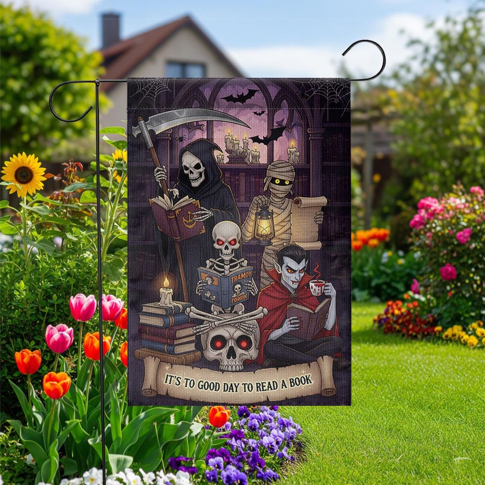 Halloween Reading Garden Flag  Grim Reaper Vampire Mummy Skeleton Book Lover Decor